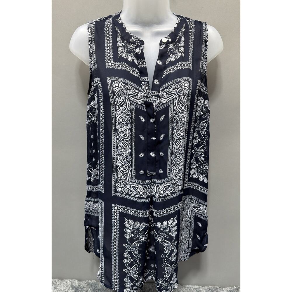 Banana Republic Top Womens XS Paisley Semi Sheer Tunic Blouse Blue 1/2 Button